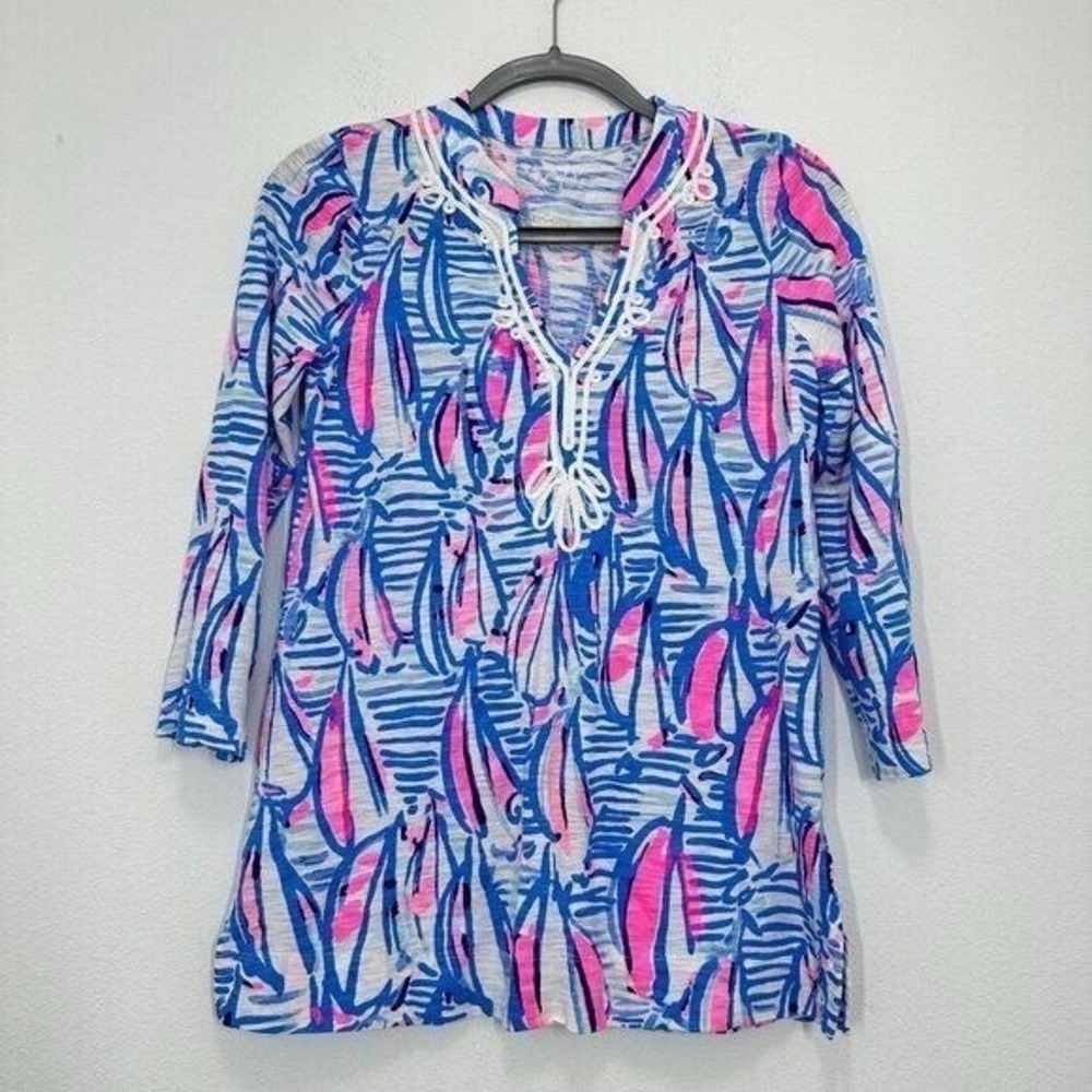 Lilly Pulitzer Bright Blue Pink V Neck Tunic Cotton Shirt Coastal Beach Summer